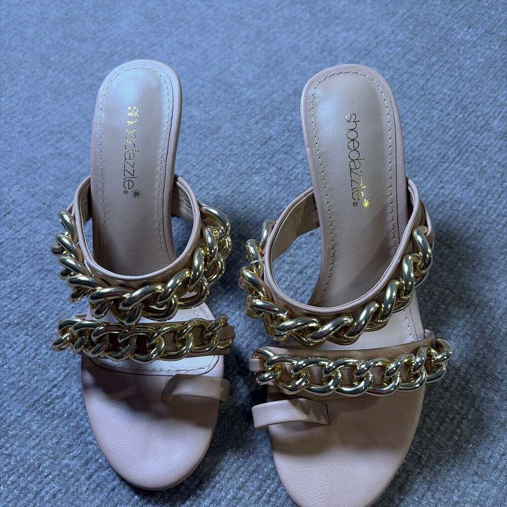 ShoeDazzle Nude Gold Chain Heeled Sandals | Size 6.5